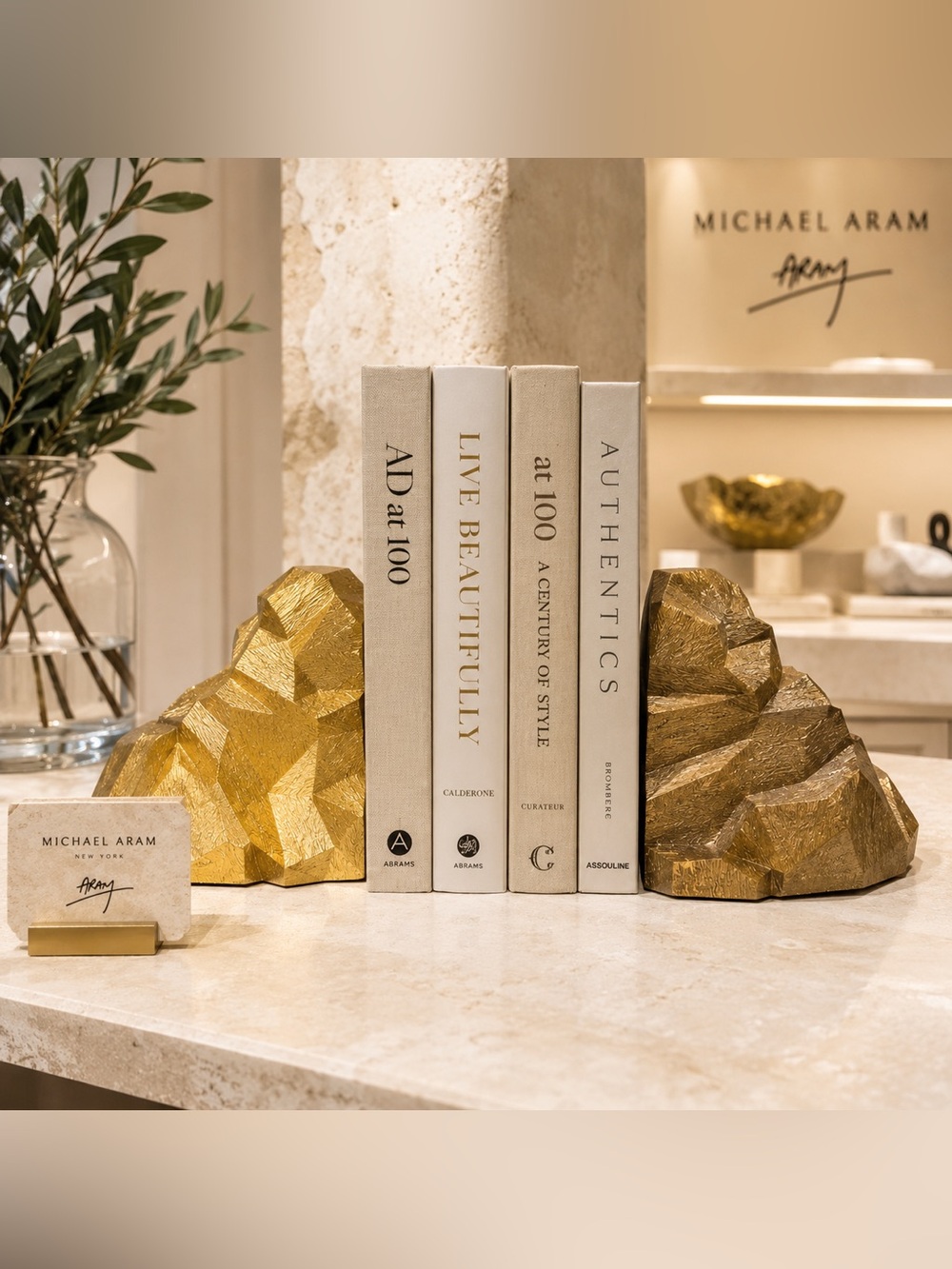 Michael Aram Rock Gold Nugget Bookends Set of 2 Signed Sculptural Decor